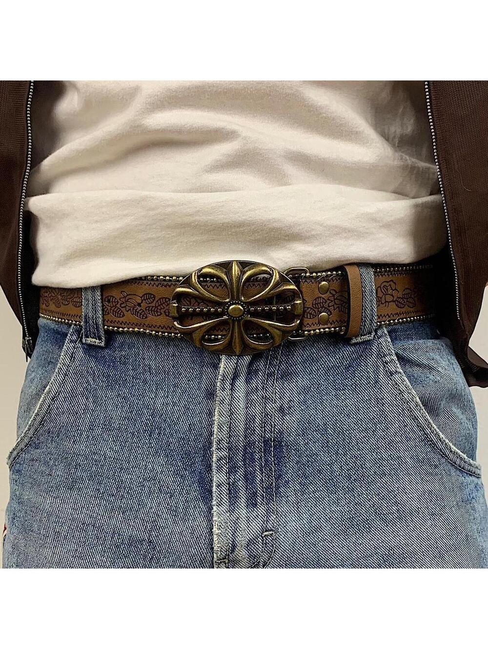 Western floral gold beaded boho brown belt. 38.5 inches length. 1.5 inch width. - Picture 4 of 8